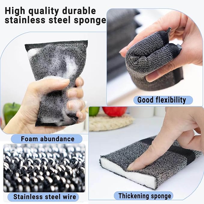 Steel Wool Scrubber Dish Sponges - Kitchen Scrubbing Pads Pot Scrubber for Kitchen Non Scratch, Soft and Fast sponges for Cleaning (6 Pack)