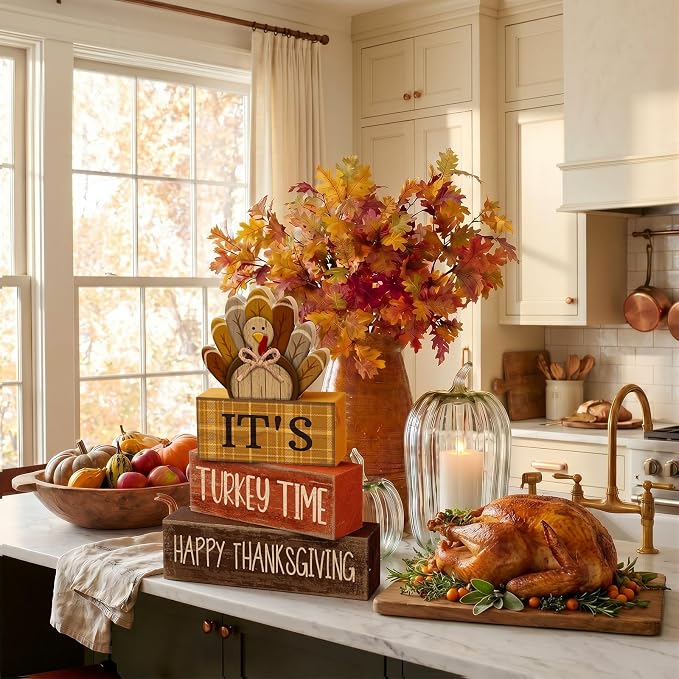 Moucuny 4 Pcs Thanksgiving Table Decorations Wooden Turkey Tiered Tray | Rustic Farmhouse Centerpiece with Turkey Time Signs, Kitchen or Dining Display, Stackable Blocks Gift for Fall Harvest