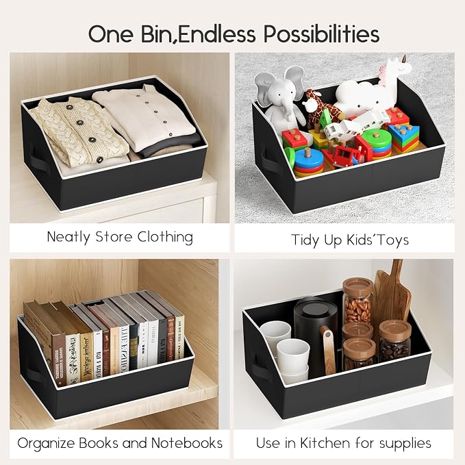 Large Closet Organizers and Storage Bins - 8 Pack Trapezoid Storage Baskets for Shelves, Foldable Fabric Baskets with Handles Ideal for Closet, Basket, Wardrobe and Shelf Storage, Black