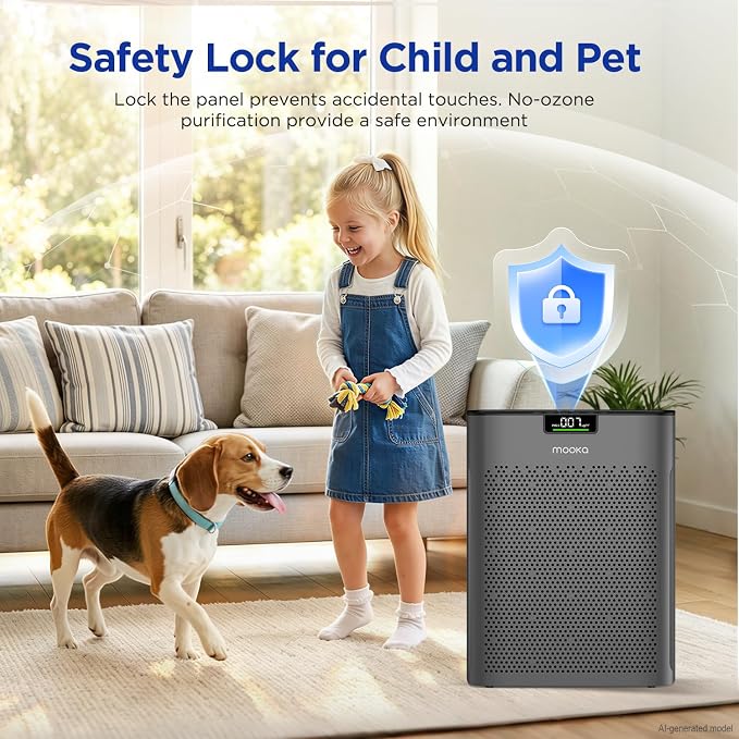 MOOKA Air Purifier for Home Bedroom Large Room up to 2200 Ft², HEPA Filter | Washable Pre-Filter, Auto Mode, Quiet Sleep Mode, Air Quality Monitor, Air Cleaner for Pet Dust Smoke Pollen, KJ190H Grey