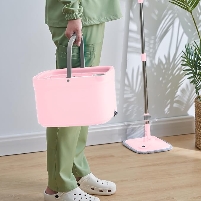 True & Tidy Square Spin Mop & Bucket System, 2 Machine Washable Pads, Rose