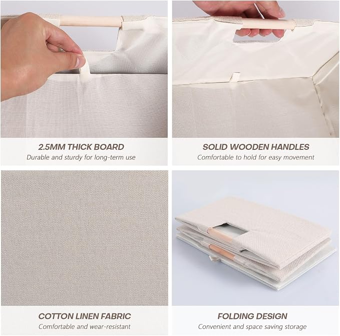 Fabric Storage Box, 16x12in Foldable Cotton Linen Basket with Wooden Handle | Large Rectangular Cube Decorative Home Laundry Organizer Clothes Blanket Container Organizing Clothes Sheets Jeans, Beige