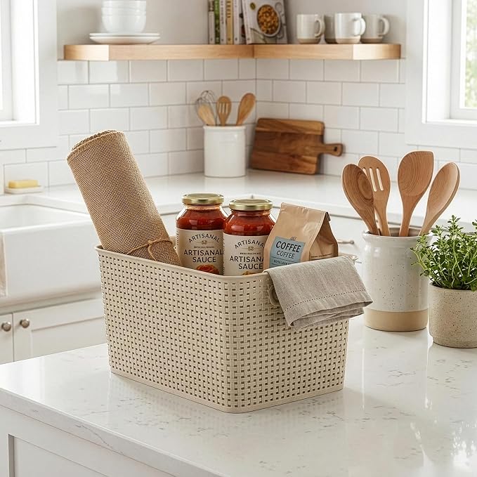 BINO | Plastic Storage Baskets, 22 Liter - 3 Pack, Natural Grey | THE WOVEN COLLECTION | Storage Basket for Shelves | Woven Storage Baskets for Organizing Bins | Pantry Shelf Organizer | Container Bin