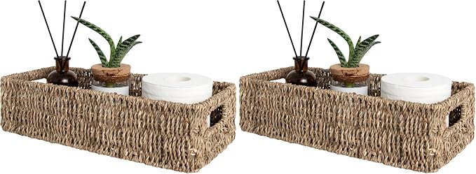 StorageWorks Seagrass Baskets with Built-in Handles, Bathroom Decor Box for Toilet Tank Top, 14 ¼"L x 6 ½"W x 3 ¾"H (Pack of 2)