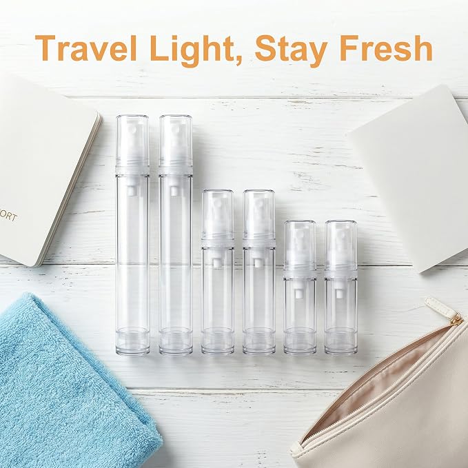 6pcs Airless Travel Spray Bottle, 5ml & 10ml & 15ml, Clear | Plastic, 360° Angle Leak Proof, Mini, Spray, Empty, Refillable for Facial Moisturizing