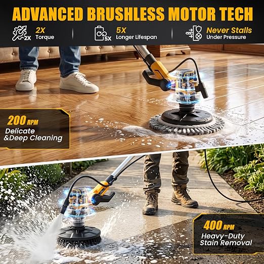 Cordless Electric Power Scrubber Compatible with DeWalt 20V Max Battery | (Tool Only)Water Fed Telescopic Cleaning Brush with Brushless Motor, IPX7 Waterproof 8-Angle Head, 45-59" Pole for Patio/Deck