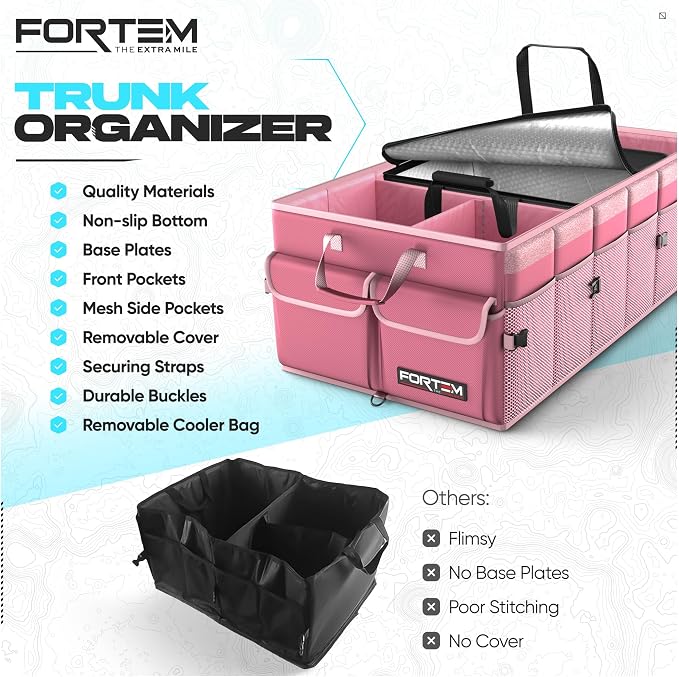 FORTEM Trunk Organizer - Foldable Car Organizer with Cooler for SUV, Trucks | Car Accessories for Men Women, Collapsible Bag, Non Slip Bottom, Straps, Soft Cover, 600D Oxford, Pink, 6 Compartments, 105L