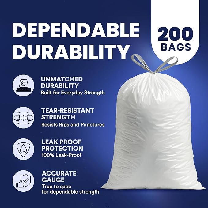 Plasticplace 4 Gallon White Drawstring Trash Bags, 200 Count (Pack of 1) – 0.7 Mil Leak-Proof Garbage Liners for Small Trash Can, Bathroom, Kitchen, Office, and Car Use
