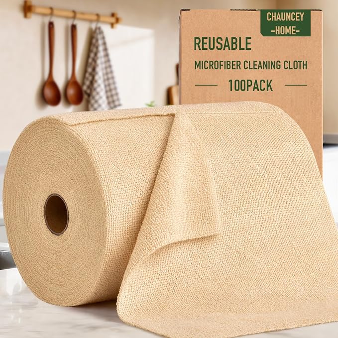Microfiber Cleaning Cloth Roll - 100 Pack Tear Away Microfiber Paper Towels, Reusable, Washable, Scratch-Free, Kitchen Towels for Car, Home, Kitchen, Glass, Dishes (Wheat Beige)