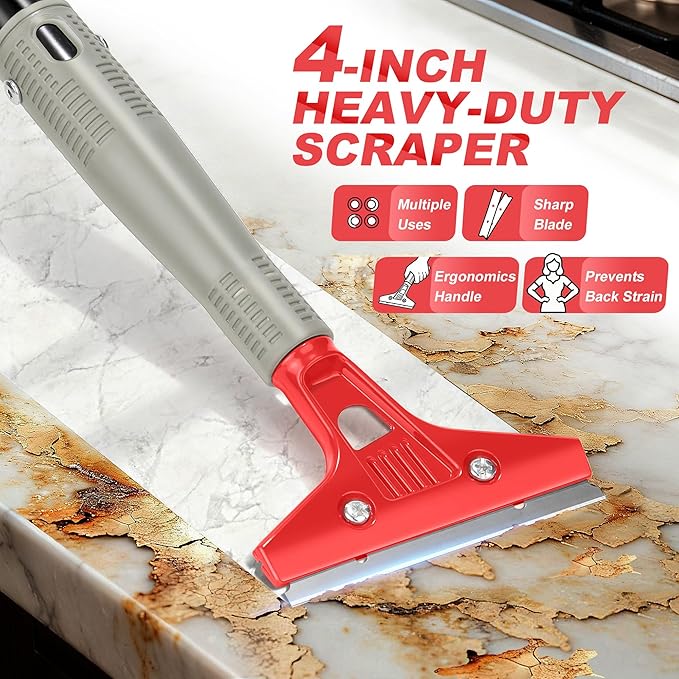 Floor Scraper Long Handle Heavy Duty, 30"-58" Long, 4" Wide Blade | Razor Blade Floor Scraper Tool, For Cleaning Stickers Gum Paint Hardwood Floor Wall Glass Tile Grout, 10 Extra Blades