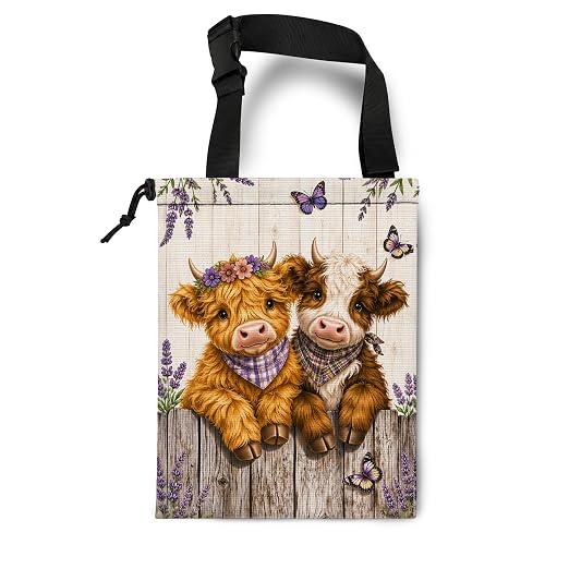 Farmhouse Highland Cows Car Trash Bag Hanging for Back Seat | Rustic Lavender Floral Cow Canvas Drawstring Car Garbage Bag with Adjustable Buckle Vehicle Trash Can
