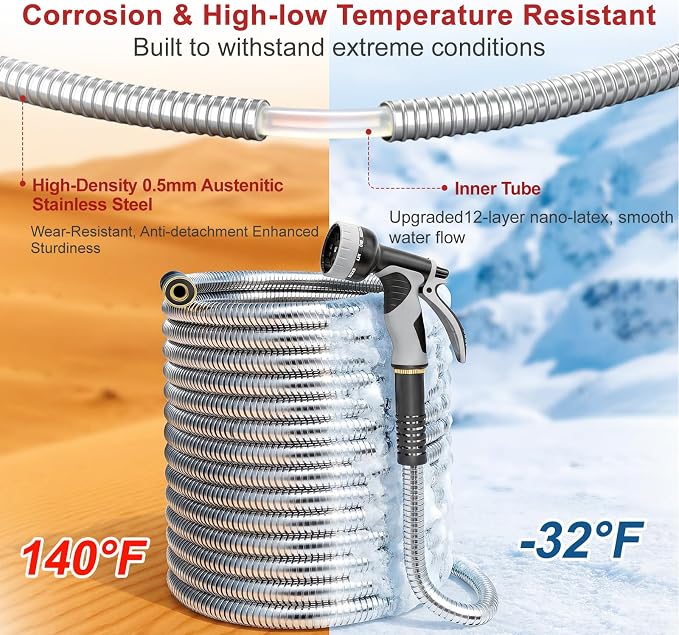 Lefree 25FT Metal Garden Hose with Upgraded Leak‑Proof Rubber Sleeve | Lightweight Kink‑Free, Stainless Steel Hose 25Ft x 5/8 in, 550 PSI, 10‑Pattern Nozzle for Patio, Backyard, Car Washing & Pet