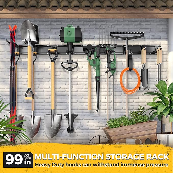 LBT 99" Garage Tool Organizer Wall Mount - 1000lbs Garden Tool Organizer | Anti-Rust, Adjustable Hooks, Sheds Garden Tool Organizer Black, Gifts For Men Dad Husband