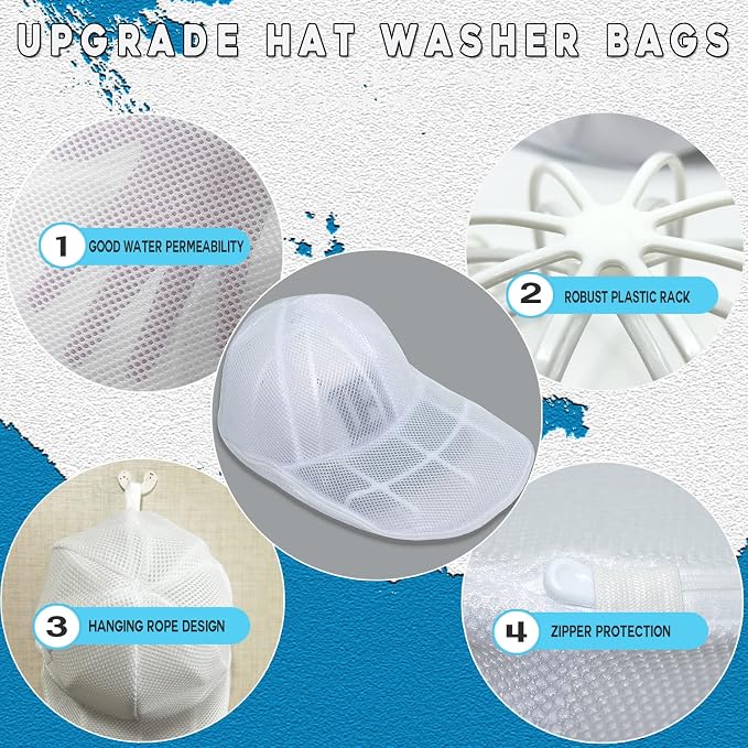 Hat Washer Cage for Washing Machine (3 Pack - White) | Baseball Cap Washer with Mesh Bags, for Washing Machine or Dishwasher, Ball Cap Washers Frame for Flat & Curved Hats