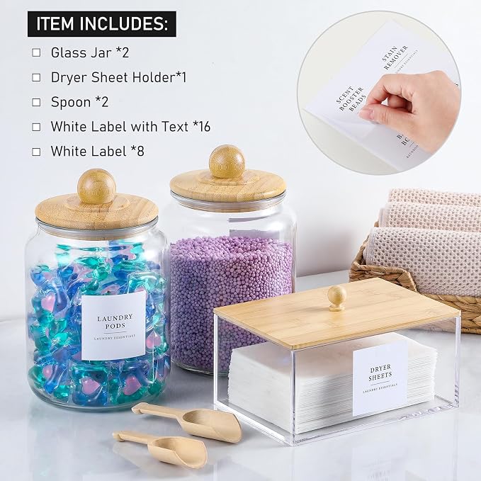 Glass Jars and Dryer Sheet Holder with Bamboo Lids, Dispenser Set and Labels, Containers for Laundry Room Organization and Storage, Half Gallon Airtight jars, Acrylic Storage Box for Laundry supplies