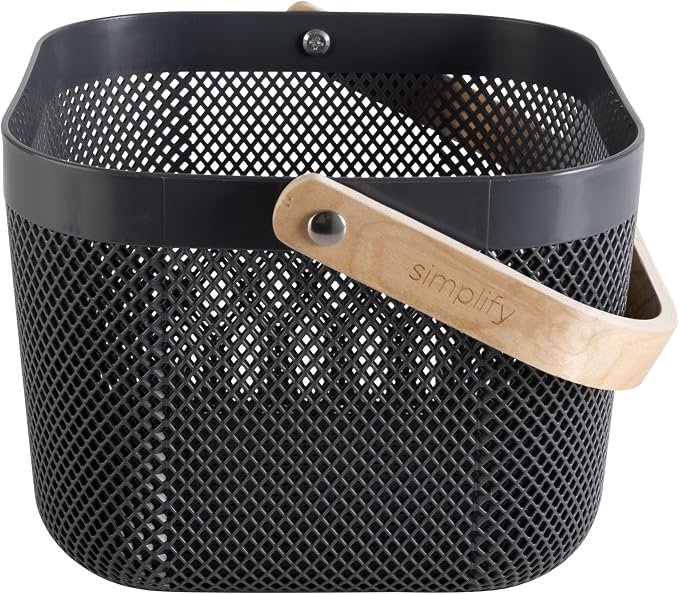Simplify Small Mesh Storage Basket with Wooden Handle | CHARCOAL Color | Plastic Organizer Bin | Pantry Organization | Cabinet Storage