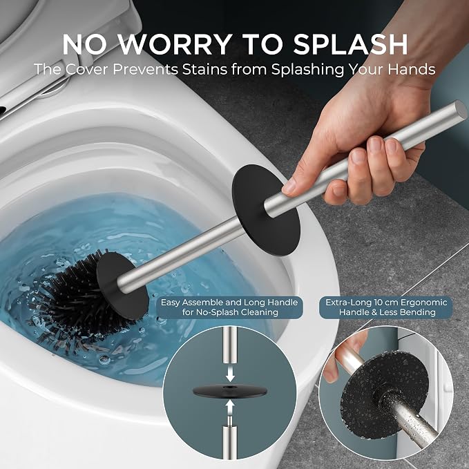 FORIOUS Stainless Steel Toilet Bowl Brush Scrubber and Holder Set Tall | Brushed Nickel, Extended Handle, Removable Inner Bowl, Fixed Splash Guard, Steel Joint, Anti-Scratch Bristle, for Bathroom RV