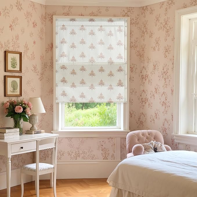 StangH Cordless Floral Linen Roman Shades for Windows, W30 x L64, 1 Panel | Magnetic Window Shades, Floral Printed Pattern, Light Filtering with Privacy, Vintage Farmhouse Decor, for Living Room