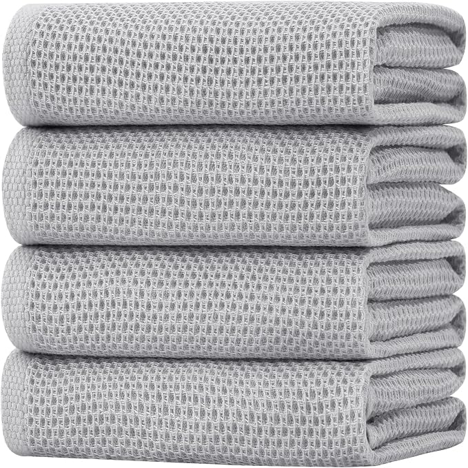 Homaxy 100% Cotton Oversized Waffle Weave Kitchen Towels 4-Pack, Light Gray | 20 x 28 Inches, Ultra Soft Absorbent Dish Towels, Quick Drying Large Cleaning Towels