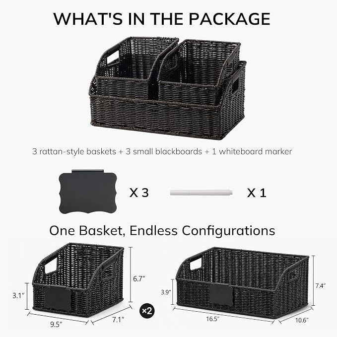 Brownlily Faux Wicker Pantry Storage Baskets, Black-Single Set (3-Piece) | Handwoven Baskets for Organizing with Built-in Handles, All-Purpose Storage Baskets with Chalkboard for Shelves,Laundry Room