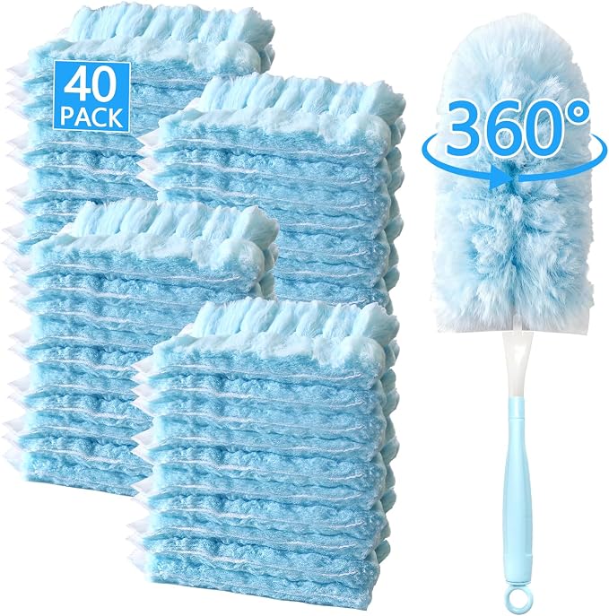 40 Pack Duster Refills Kit Disposable for Swiffer Duster Handle | Heavy Duty Replacement,for Home, Blinds, Car, Pet, Furniture, Fans With 1 Handle 360° Deep Cleaner (Blue)