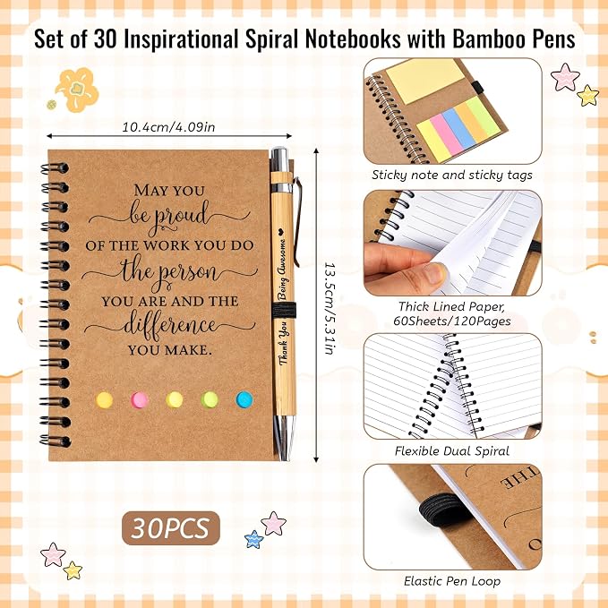 30 Sets Employee Appreciation Gifts Bulk Inspirational Spiral Notebook Journal with Sticky Notes Bamboo Pen Back to School Gifts for Students Teacher Nurse Coworker Office Team Housekeeping Staff