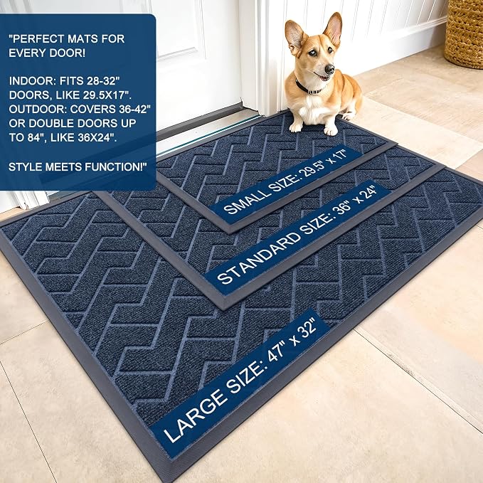 OLANLY Front Door Mat Outside 59x34, All-Season Absorbent Rubber Doormat | Blue, Heavy-Duty, Stain and Fade Resistant, Waterproof Non-Slip Backing, Low-Profile Indoor Outdoor Floor Mat for Entryway