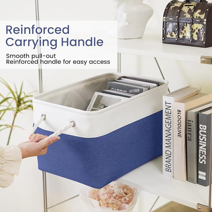 15x11x10 In Foldable Fabric Large Storage Bins with Handle 3 Pack | Organizer Baskets, Sturdy Metal Strand, Cardboard Support Molding, Storage Baskets for Shelves, Closet, Bedroom, White/Blue
