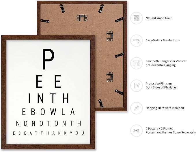 Poster Master 2-Piece Bathroom Sign Print - Eye Chart & Rules Poster - Humorous Guest Bath Decor - Minimal Typography Design - Powder Room Decor - Funny Restroom Sign - 16x20 Brown Framed