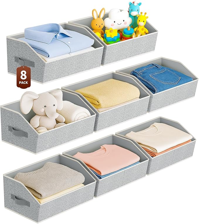 Large Closet Organizers and Storage Bins - 8 Pack Trapezoid Storage Baskets for Shelves, Foldable Fabric Baskets with Handles Ideal for Closet, Basket, Wardrobe and Shelf Storage, Light Grey