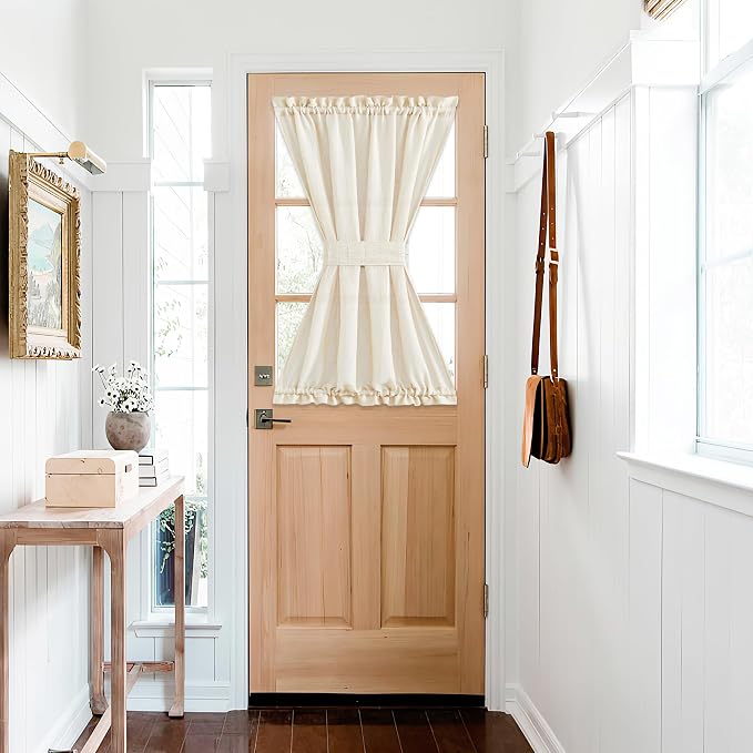 NICETOWN Faux Linen Kitchen Bathroom Door Curtains 40 Inches Length | Farmhouse Dual Rod Pocket Sheer French Door Curtains for Glass with Tieback for Privacy Protection, 1 PC, 36x40, Beige