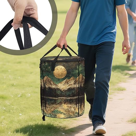 Landscape Moon Collapsible Trash Can with Lid Waterproof Bedroom Trash Can Decorative Portable Outdoor Waste Bin for Camping, Yard Waste, Picnic
