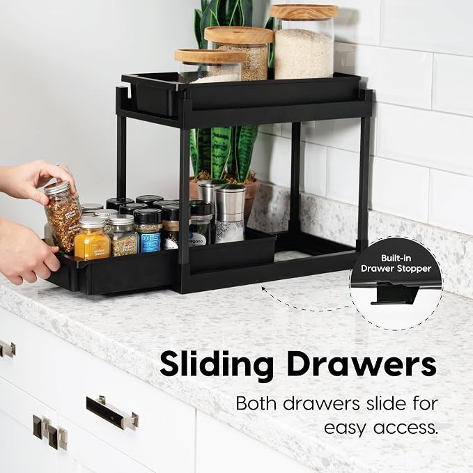 IRIS USA Under Sink Organizer, 4 Pack, Pull Out Storage Drawers | Tool-Free Assembly, 2-Tier Cabinet Storage, Space Saving, Vertical Spice Rack