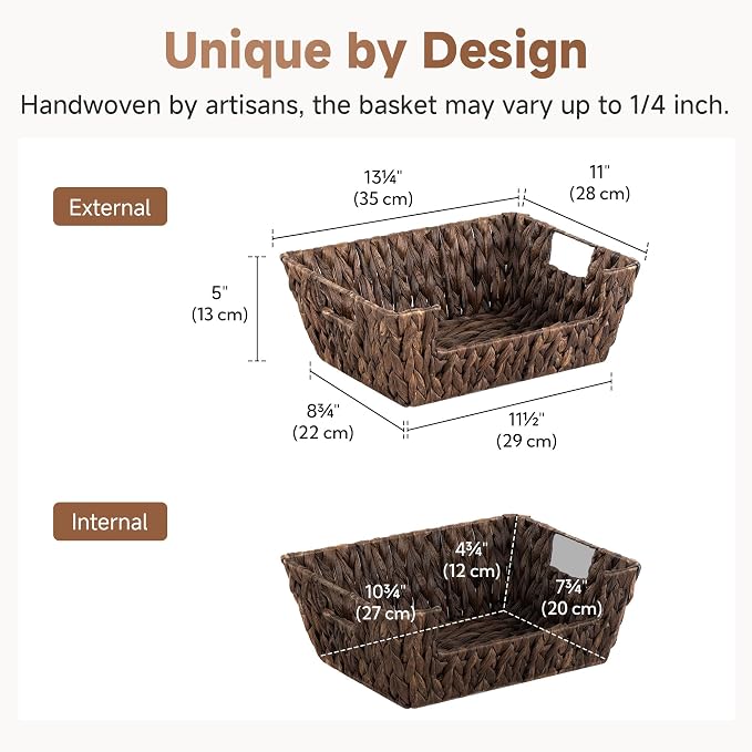 StorageWorks Pantry Baskets for Organizing, Hyacinth Wicker Storage Baskets | Wicker Storage Baskets for Shelves, Rattan Basket with Handles for Home Storage, 2 Pack Decorative Woven Baskets, Brown