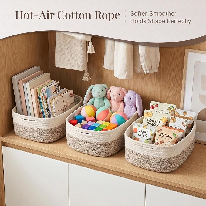 Storage Baskets for Shelves, 5 Pack, 2 Sizes Organizer Bins | Woven Cotton Rope Baskets, 3 Large + 2 Small Shallow Storage Bins for Nursery, Closet, Toys, Bathroom & Changing Table
