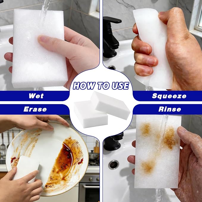 100 Pack Magic Cleaning Sponge Erasers, Non-Scratch Melamine Sponges Bulk | Just Use Water Multi-Surface Melamine Foam Cleaning Scrubber Pad Sponges for Wall Shoes Bathtub Door Shower Bathroom Kitchen