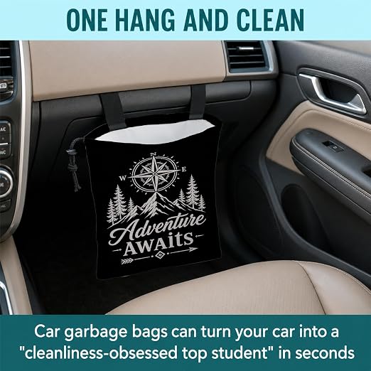 Mountain Adventure Car Trash Bag Hanging for Back Seat | Camping Hiking Lover Gifts Canvas Drawstring Car Garbage Bag with Adjustable Buckle Vehicle Trash Can