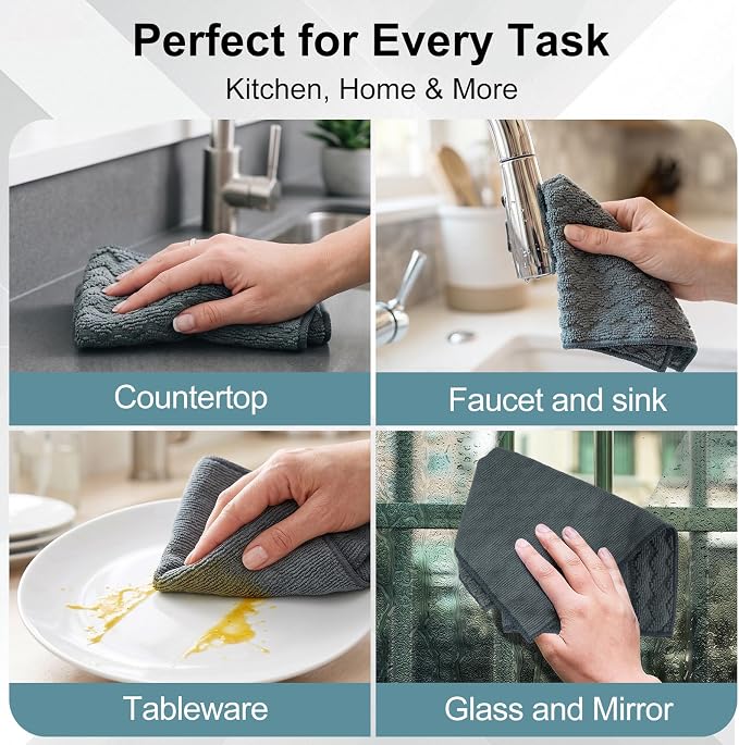 Dual-Sided Microfiber Cloths, 12x12 Lint-Free 6-Pack | Zig-zag side traps grease, soft side polishes. Streak & lint-free for home/auto. Stain-hiding grey, washable 12x12 6-pack.