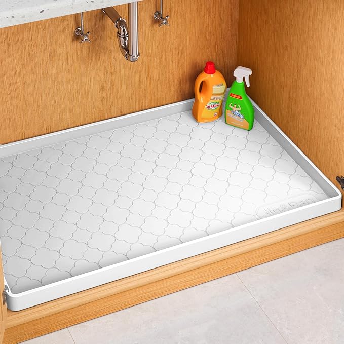 Jin&Bao Under Sink Mat 28" x 19" Waterproof Silicone Cabinet Kitchen Liner | Silicone kitchen cabinet protector, bathroom shelf liner, raised edge traps leaks, anti-slip, easy to clean & dishwasher safe