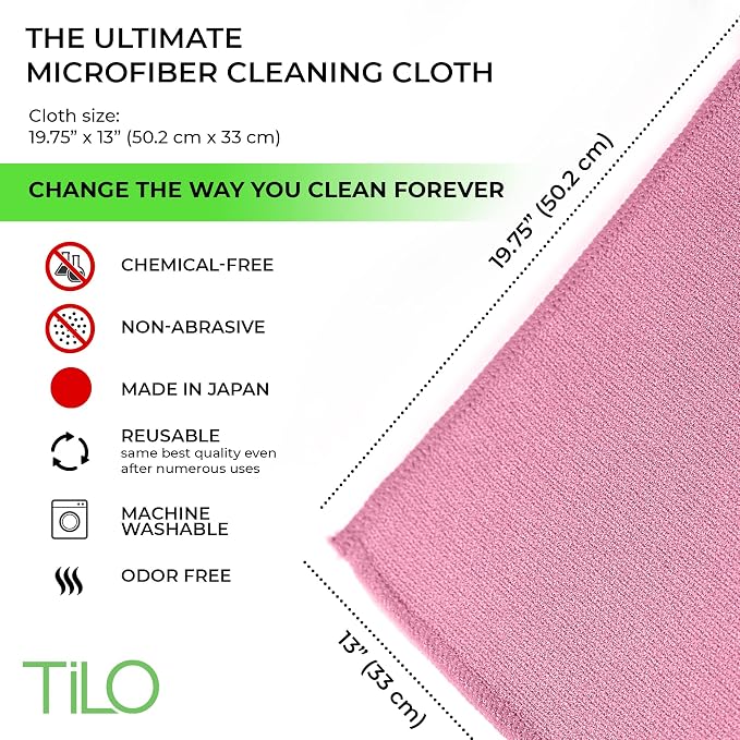 TILO Microfiber Cleaning Cloth – 19x13 Inch Ultra-Absorbent, Streak-Free, Lint-Free, Reusable Polishing Cloth for Dust, Grease, Dirt, and Delicate Surfaces – Non-Abrasive – Pink