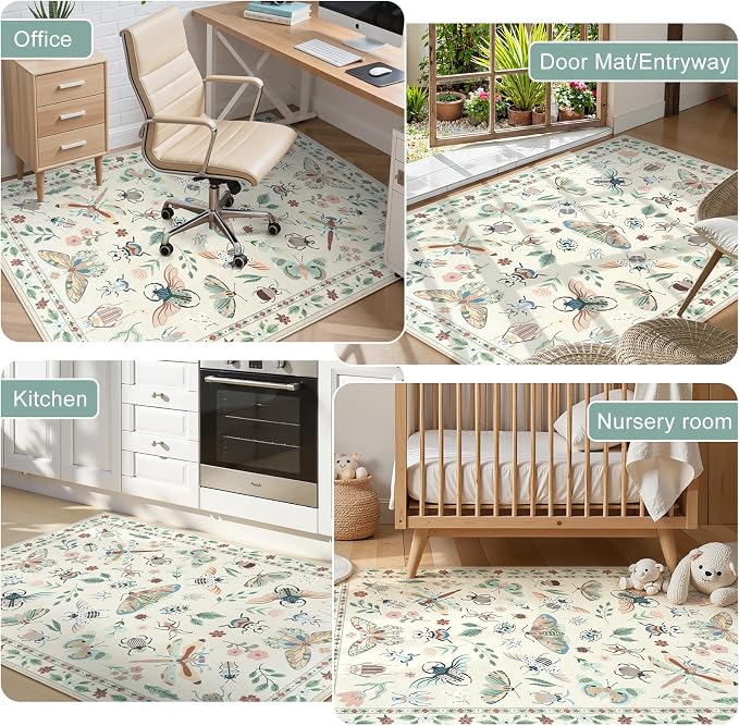 Anidaroel 48"x60" Office Chair Mat for Hardwood Floor/Tile Floor, Anti-Slip Floor Mat for Office Chairs, Low Pile Desk Rug for Offices, Beige Insect Print Office Chair Rug