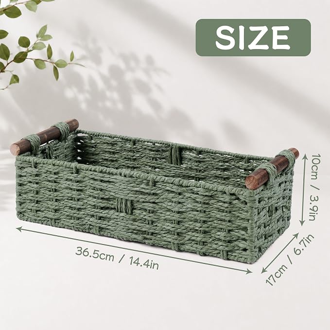 Round Paper Rope Storage Basket Wicker Baskets for Organizing with Handle Decorative Storage Bins for Countertop Toilet Paper Basket for Toilet Tank Top Small Baskets Set,Green | with Handle for Bedroom Home Decor and Shelves Apartment Countertop Use,G...