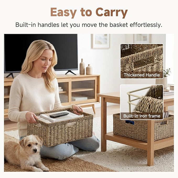StorageWorks Extra Large Wicker Basket, Seagrass Storage Basket, 1-Pack | Seagrass Baskets with Handles, Wicker Baskets for Organizing, Wicker Storage Baskets for Shelves, Woven Basket for Storage