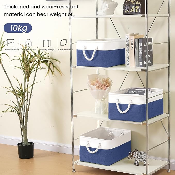 15.7x11.8x8.26 Inch Fabric Large Storage Bins with Handles 6 Pack | Foldable, Sturdy Metal Strand, Cardboard Support Molding, Fabric Storage Baskets for Shelves, Closet, Bedroom, White/Blue