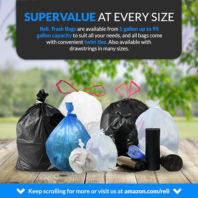 Reli. 55-60 Gallon Trash Bags Heavy Duty | 150 Trash Bags, Twist Ties | Black, Serious Garbage Cleanup | Large Garbage Bags with Twist Ties, Made in USA | SuperValue