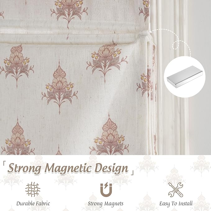 StangH Cordless Floral Linen Roman Shades for Windows, W30 x L64, 1 Panel | Magnetic Window Shades, Floral Printed Pattern, Light Filtering with Privacy, Vintage Farmhouse Decor, for Living Room