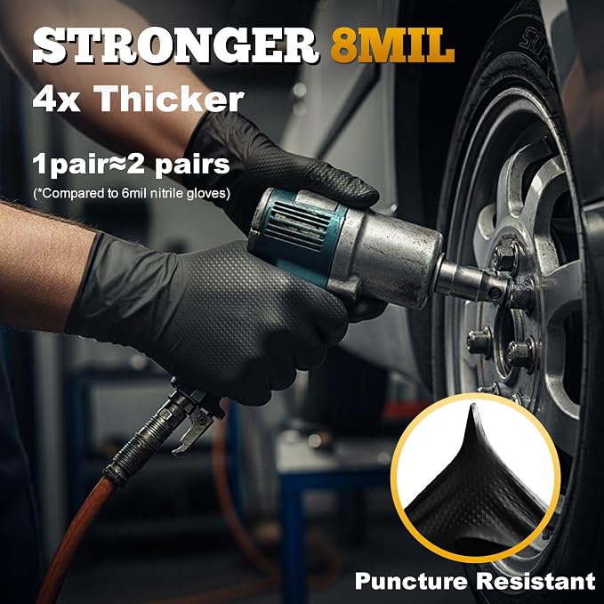 TitanFlex Heavy Duty Black Industrial Nitrile Gloves with Raised Diamond Texture, Latex Free 8mil