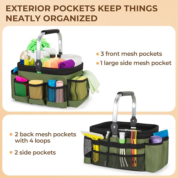 PGmoon Foldable Cleaning Caddy with Rotate Handle and Multi-Pockets | Cleaning Supply Organizer Bag with Easy Clean Liner, Portable Small Cleaning Tote for Kitchen Cleaning Supplies,Housekeepers
