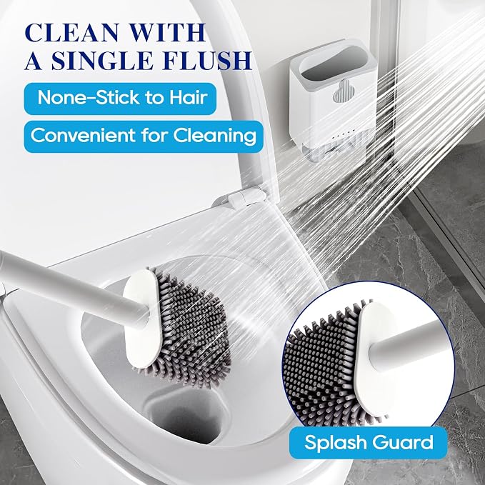 Silicone Toilet Bowl Brush with Holder, 2 Pack, White | Ventilated Holder, Floor Standing & Wall Mounted, Toilet Cleaner Brush for RV Travel, Camper, Family Bathroom