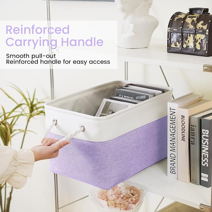 15x11x10 In Foldable Fabric Large Storage Bins with Handle 1 Pack | Organizer Baskets, Sturdy Metal Strand, Cardboard Support Molding, Storage Baskets for Shelves, Closet, Bedroom, White/Purple